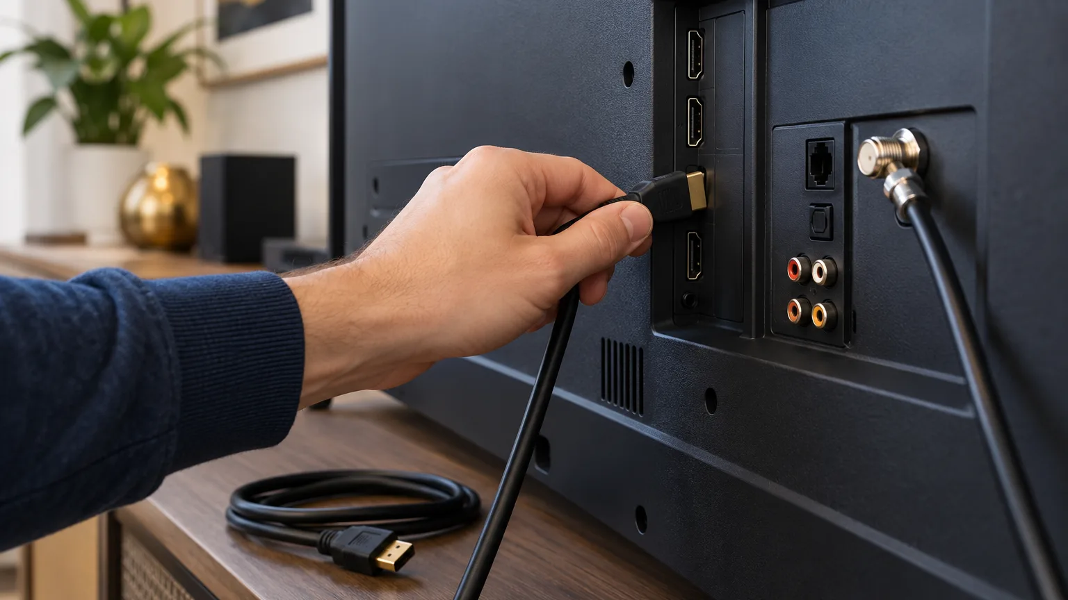 بررسی کابل HDMI و آنتن برای رفع خطوط صفحه تلویزیون